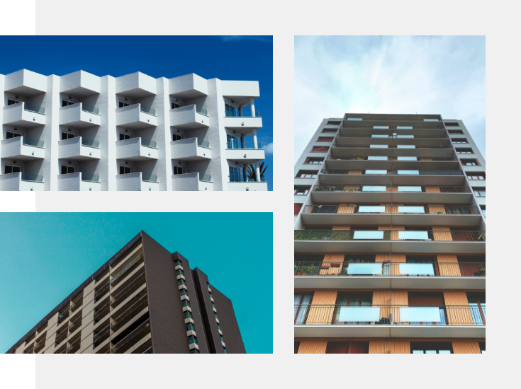 Group 406 - Three modern apartment buildings with varied designs, glass balconies, and geometric facades.