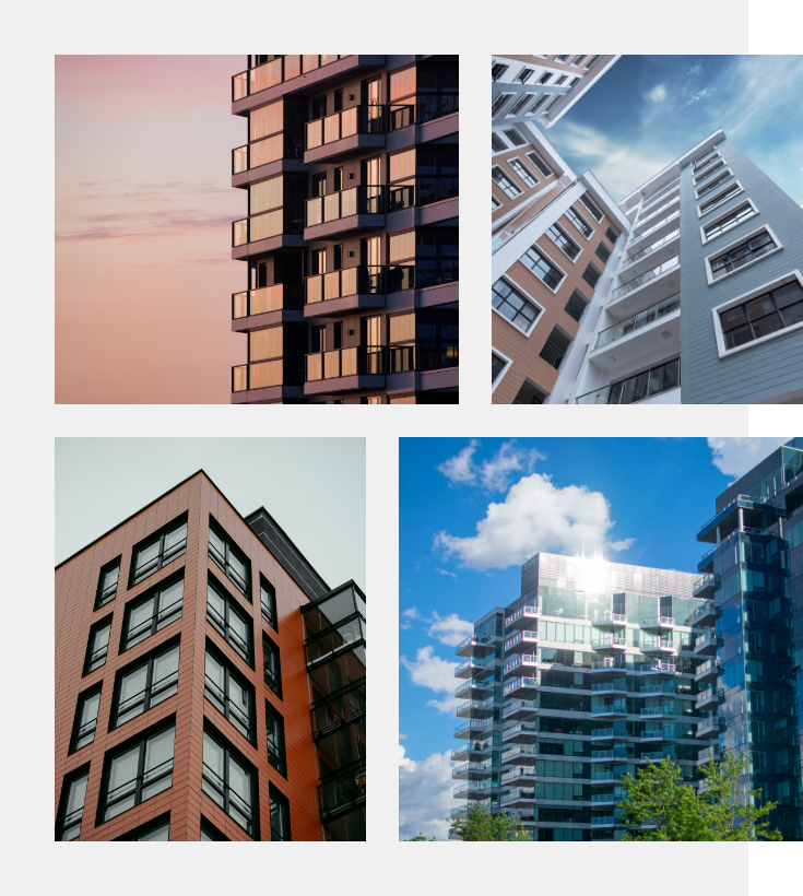 Investment - Collage of four modern apartment buildings, each showcasing unique architectural styles, materials, and lighting conditions.